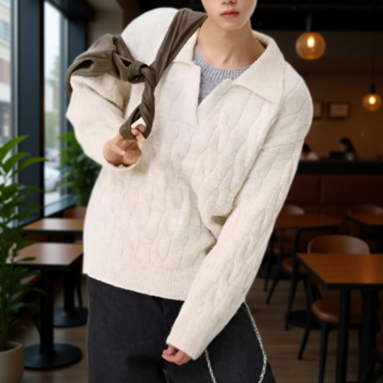 アメリカンスタイルのフェイクツーピース V ネック セーター、オーバーサイズ、厚手のニットウェア、暖かくて着心地が良い、ユニセックス、秋冬用、ゆったりとしたリラックススタイルのウール ベースレイヤー 