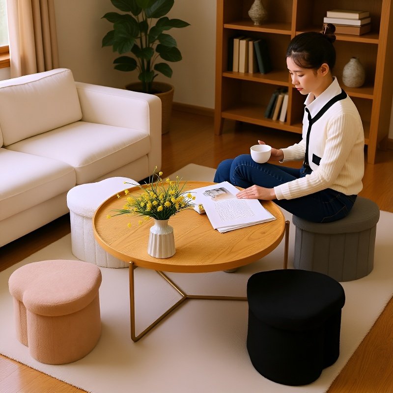 Taburete de almacenamiento multifuncional en forma de corazón con tela de felpa