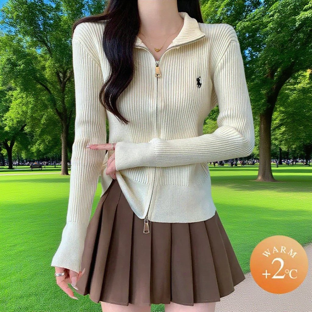 슬림핏 하이넥 더블지퍼 니트 가디건 여성