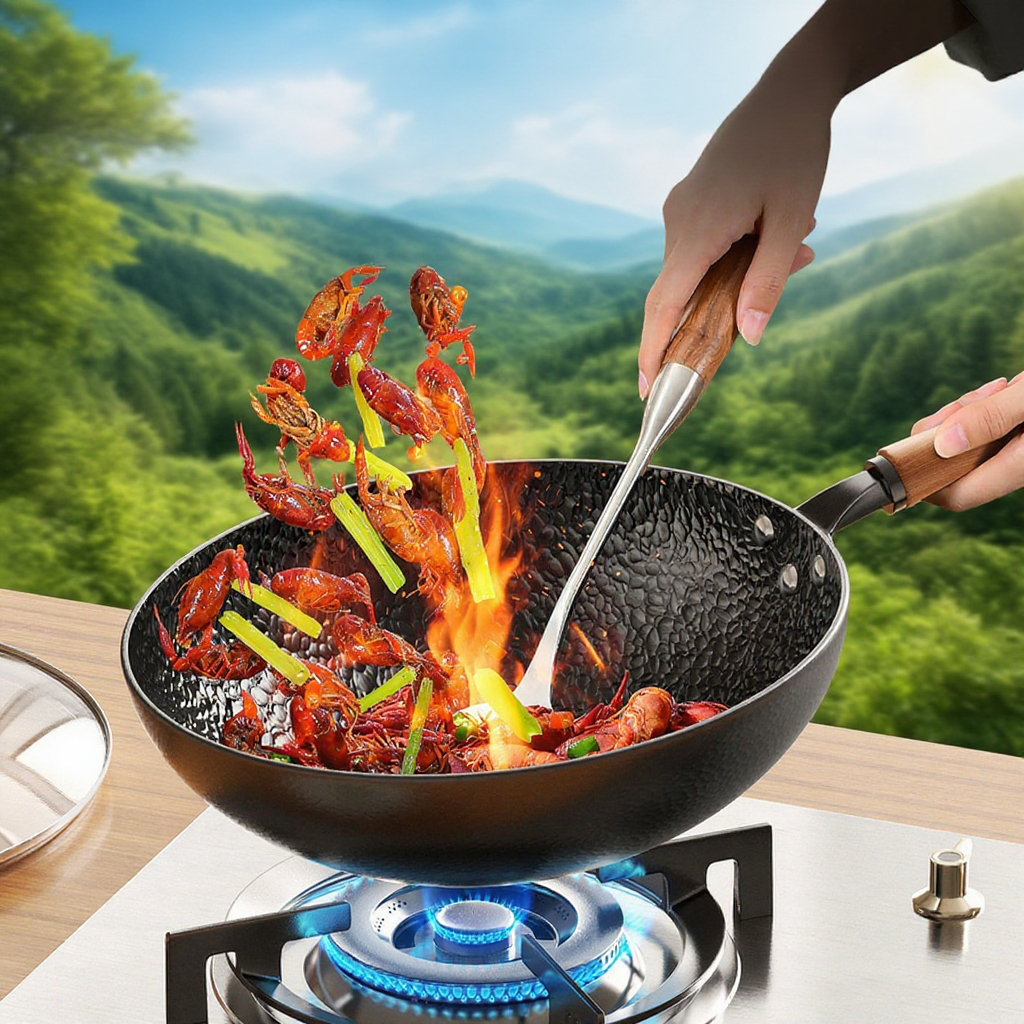 망치형 디자인의 튼튼한 볶음냄비 손잡이