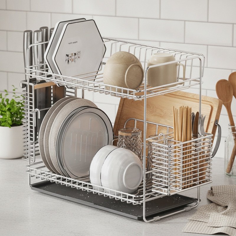 modern kitchen dish organizer with two tiers