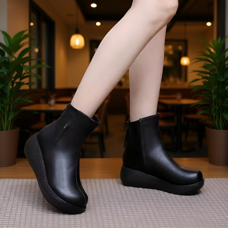 클래식 뒤 지퍼 레더 앵클