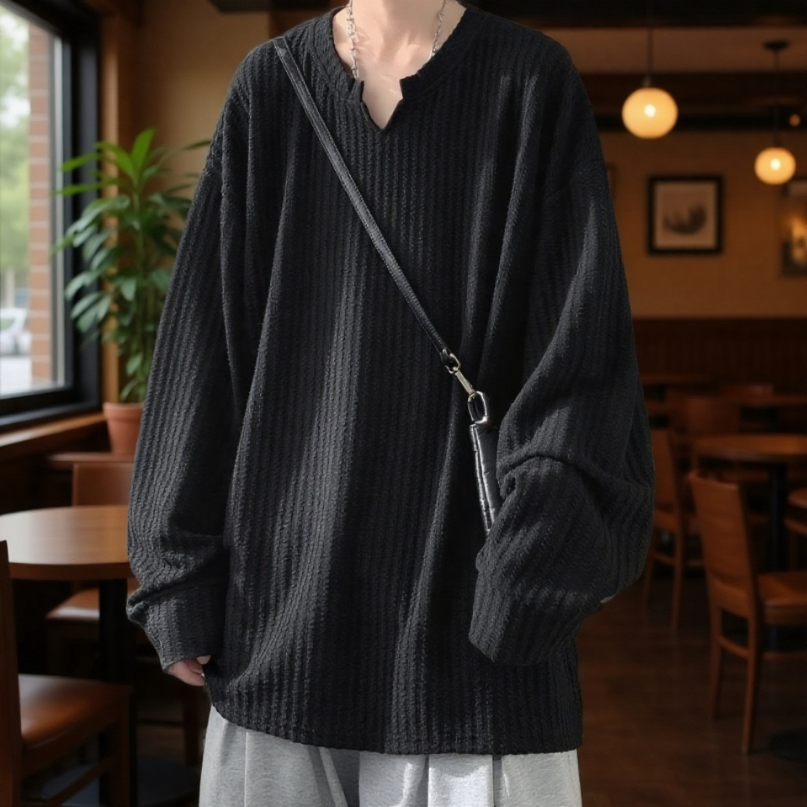 メンズ高級感長袖Tシャツ 2026新登場 痞帅スタイル ゆるめ 白インナー