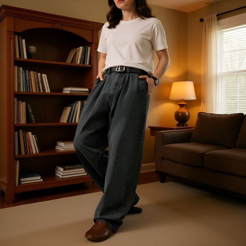 レトロ快適カジュアル メンズカーブドジーンズ 軽量ストレートパンツ