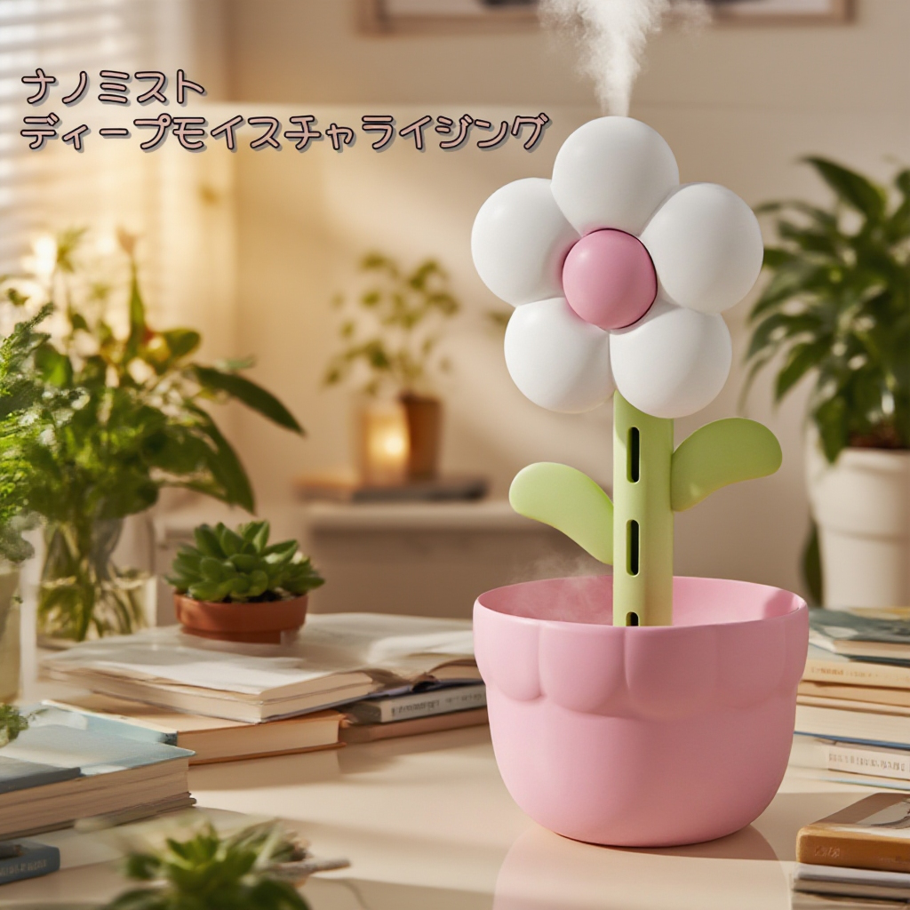 家庭用フラワー型加湿器 USBデスクトップ 小型 静音 寝室 妊婦向け 大容量霧式