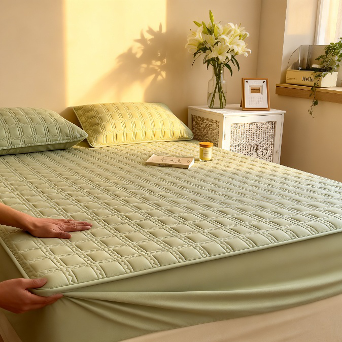 厚手キルティングフィットシーツ、一枚仕立て、様々なベッドに対応