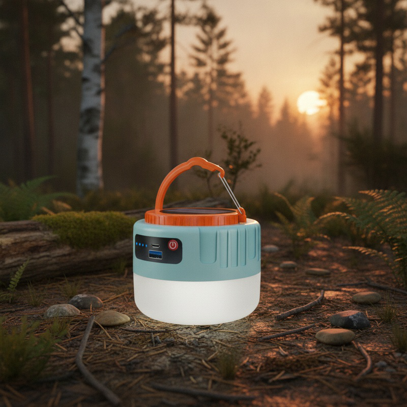 Luz LED multifuncional para camping con memoria de brillo y carga solar