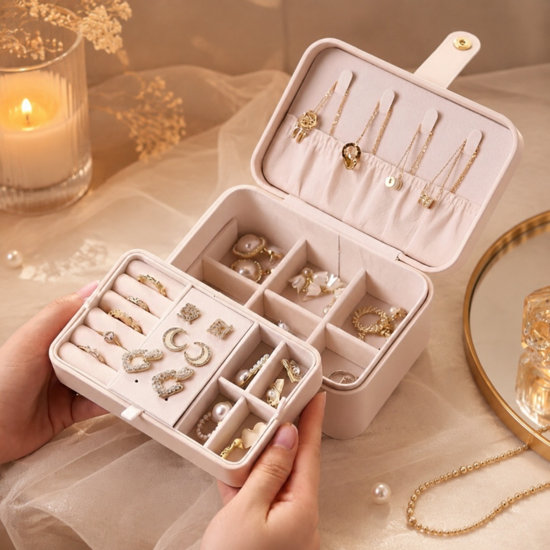 Open double-layer leather jewelry box displaying compartments