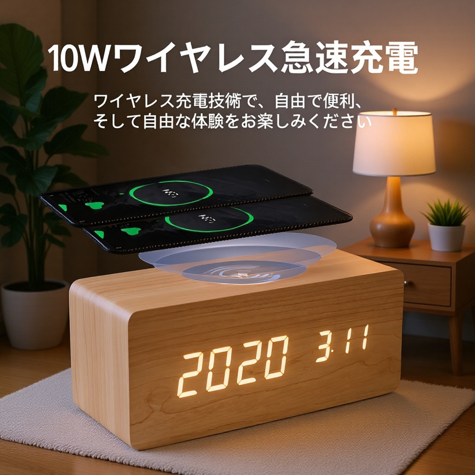  多機能LEDデジタル時計 木製電子クロック