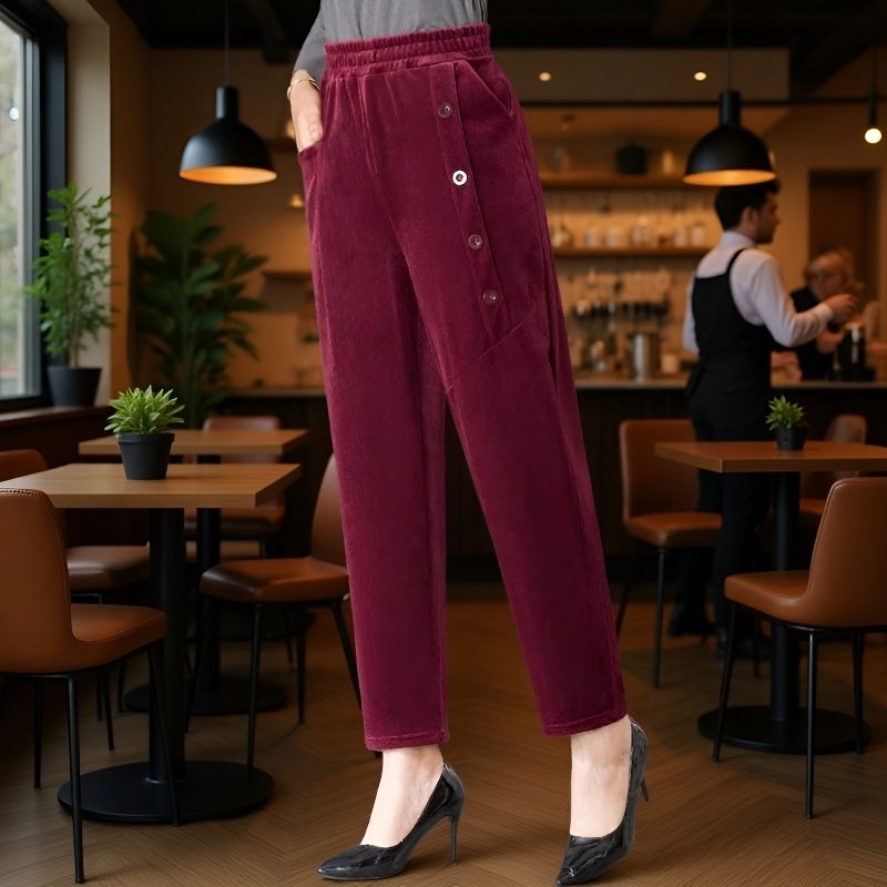 カジュアルパンツ レディース 中綿入り とろみ コーデュロイ ハイウエスト ストレートレッグ あったか ゆったり カジュアルパンツ