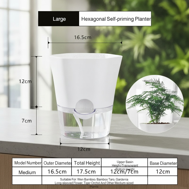 Self-watering plastic flower pot for home gardening