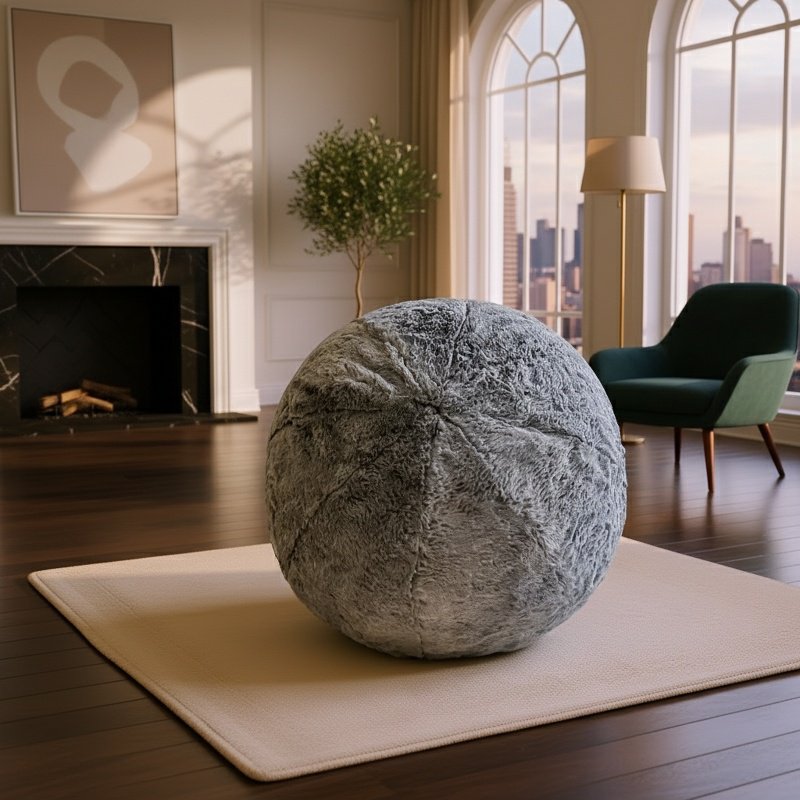 Coussin rond en fourrure de lapin sur canapé moderne
