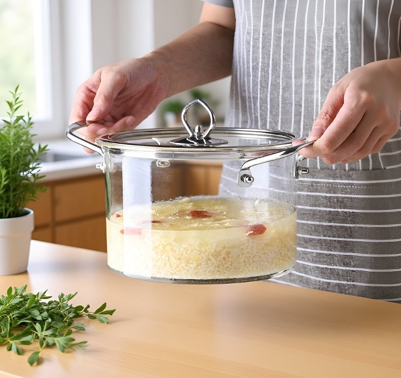 新デザイン耐熱ガラス調理器具セット 手作り陶器と木製ハンドル付き キッチン用品