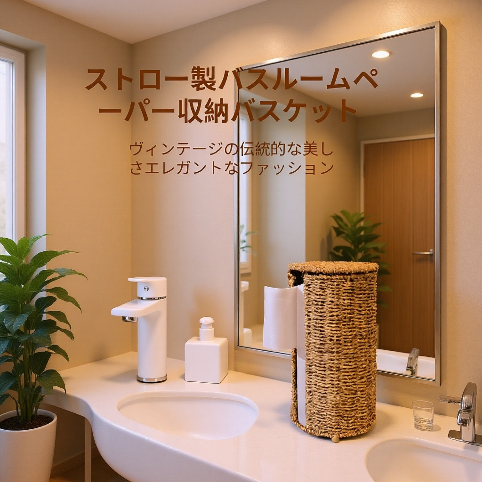 天然草編み丸型コーヒーカップ収納バスケット