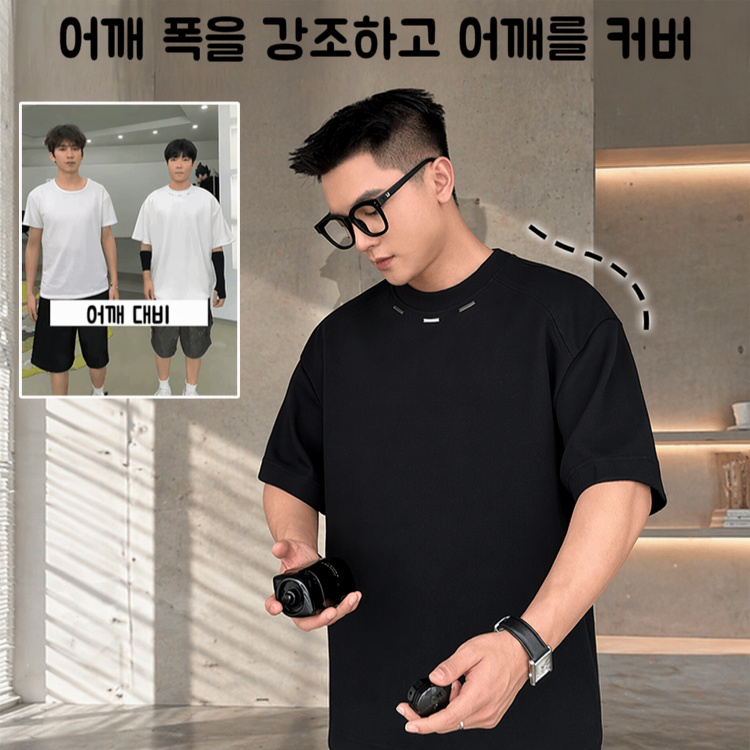 남성용 헤비 숄더패드 트렌디 스틸라벨 티셔츠