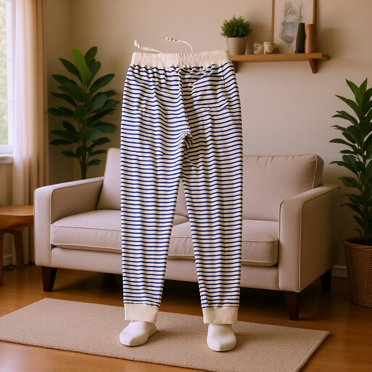 300g厚手コットン製スウェットパンツ・マリンボーダー・ヴィンテージメンズ・ゆったりジョガーパンツ