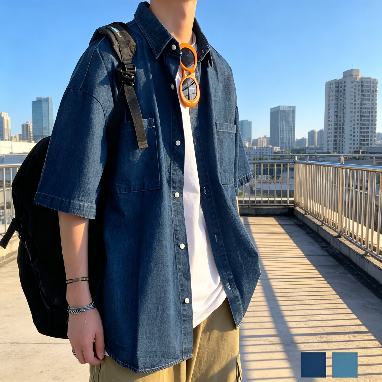 한국풍 루즈핏 커플 데님 반팔 셔츠, 여름 데일리 셔츠