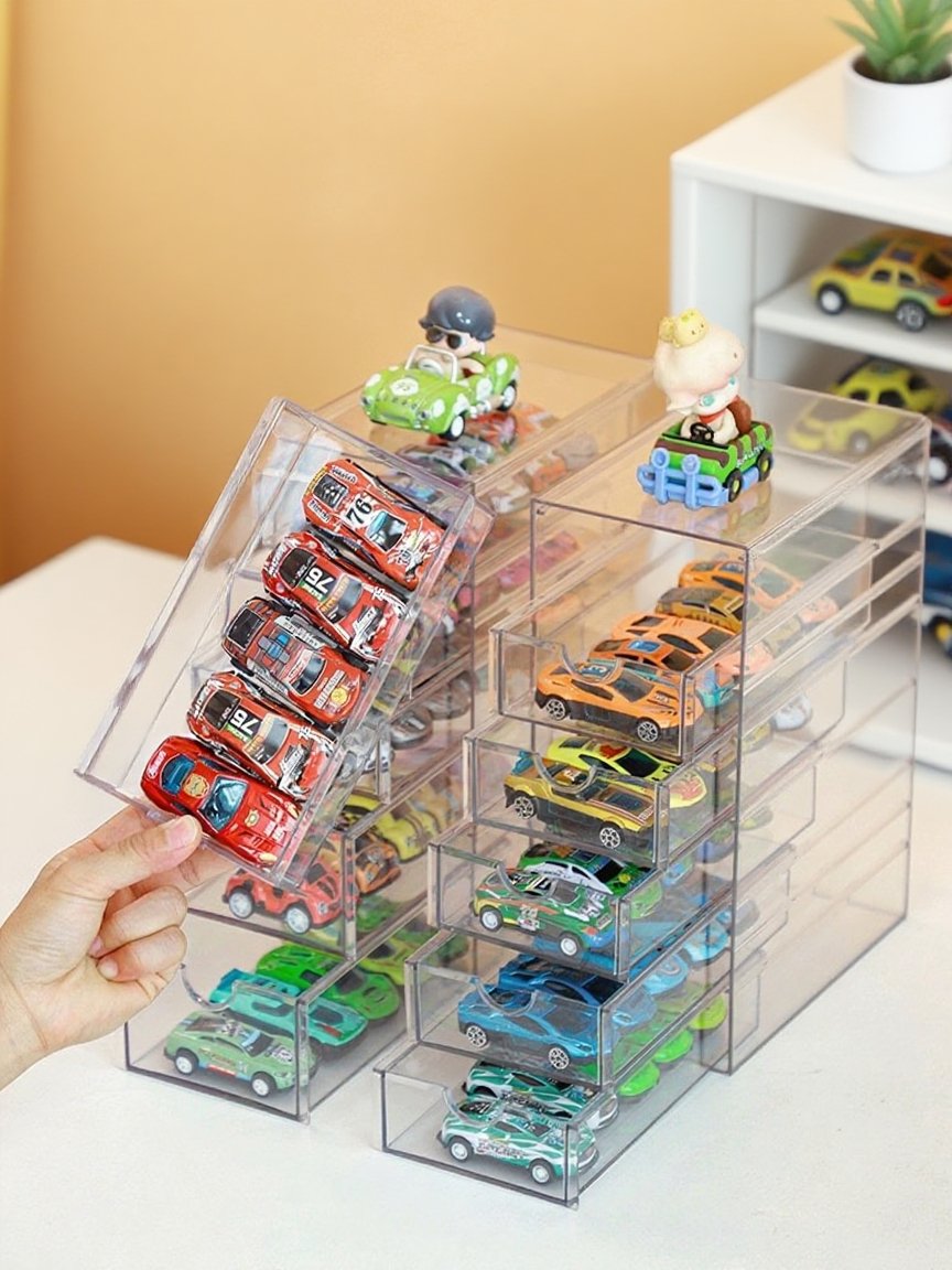 Pudełko na zabawki z szufladami – prezentacja samochodzików