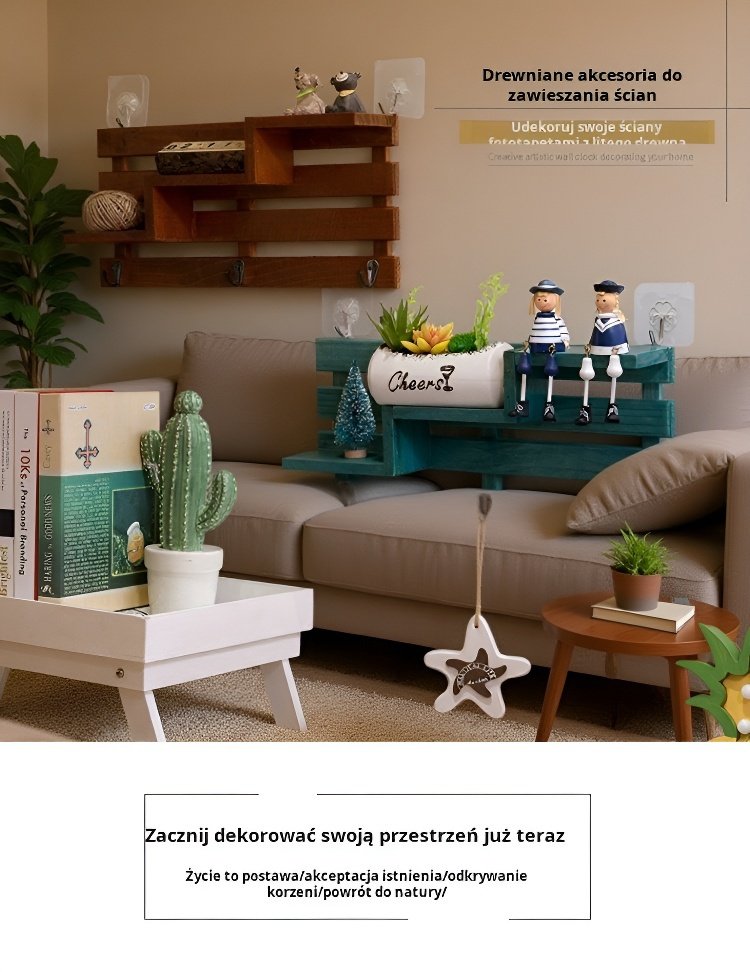 Stylowa półka z drewna wisząca na ścianie bez użycia narzędzi