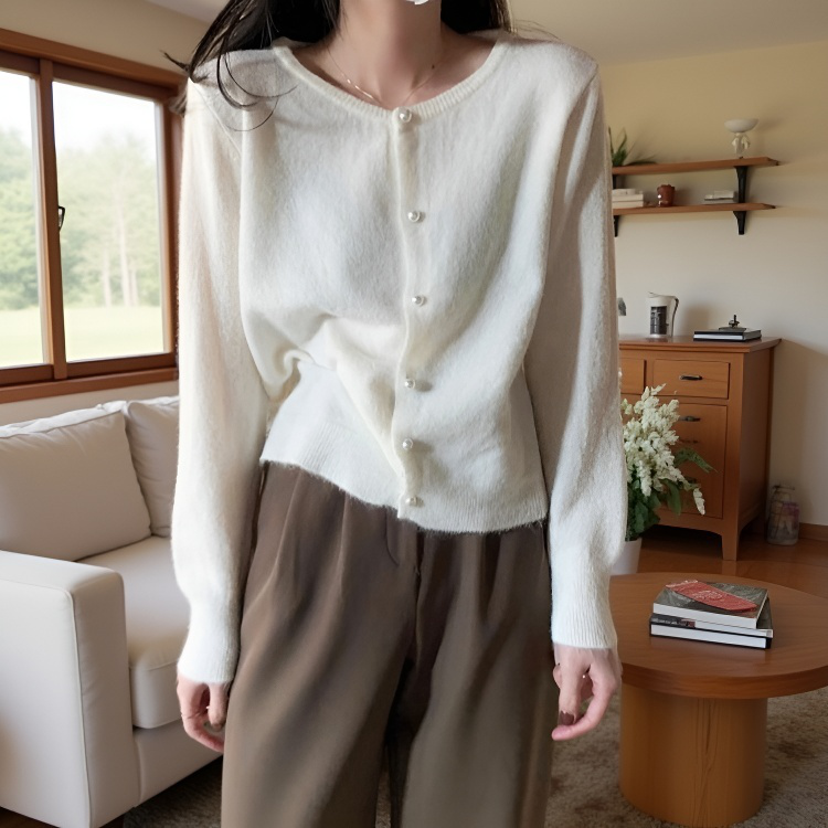 여성 니트 가디건 긴팔 솔리드 상의 진주 버클 여성 봄가을 라운드 니트 가디건 부드러운 니트 코트