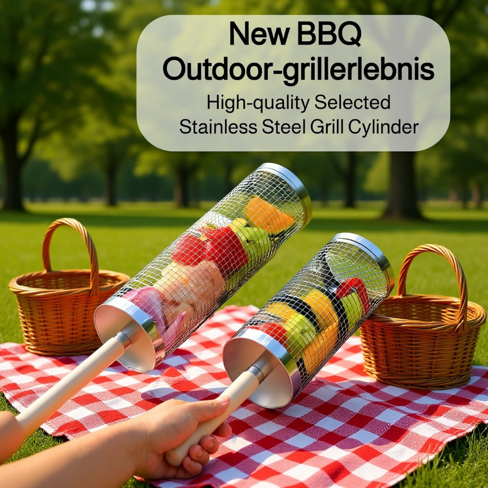 Portable Outdoor BBQ Basket with Rotating Cylinder Design