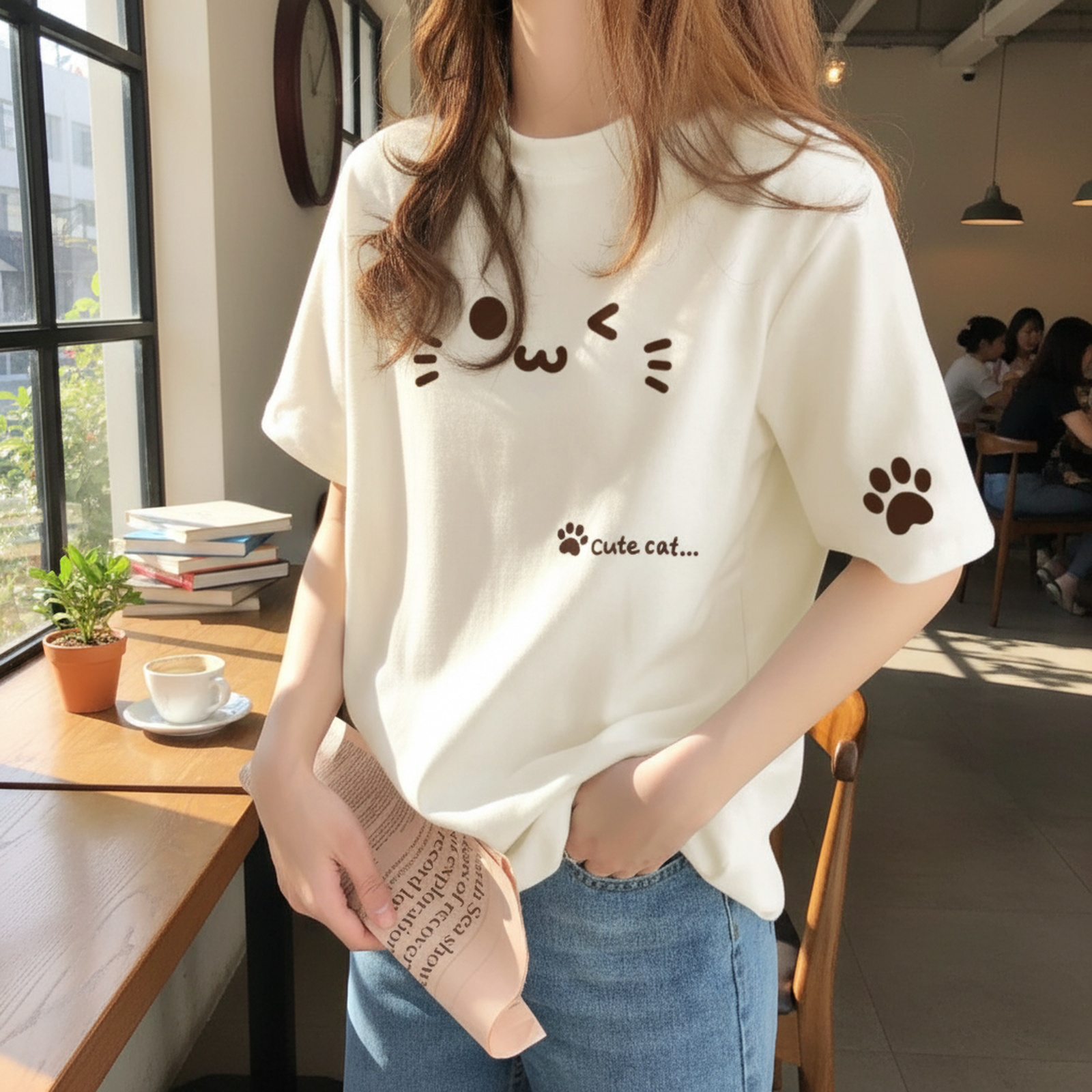 デザイン感のある レディース コットン ベージュ インナーTシャツ