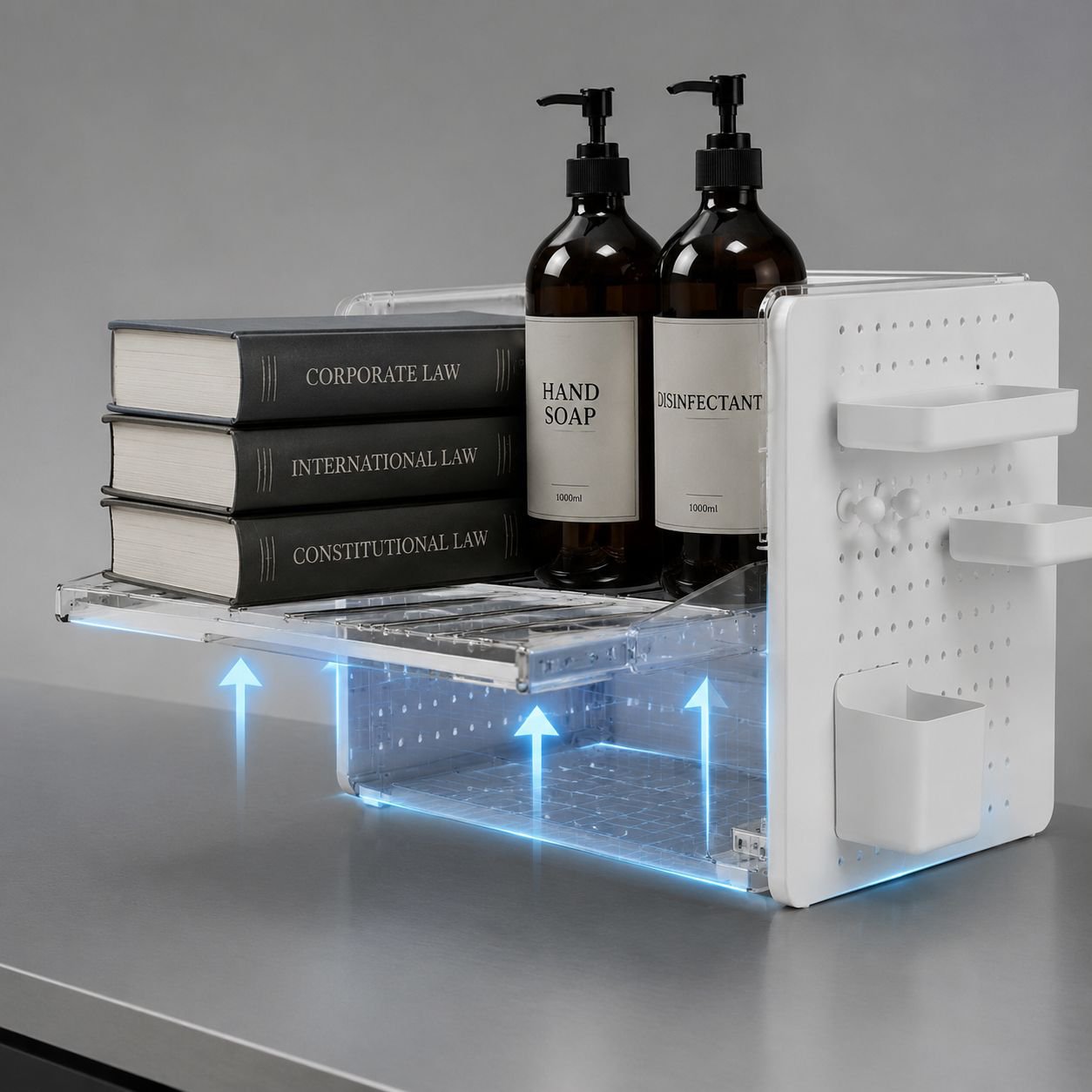Desk organizer box in use on a study desk with supplies