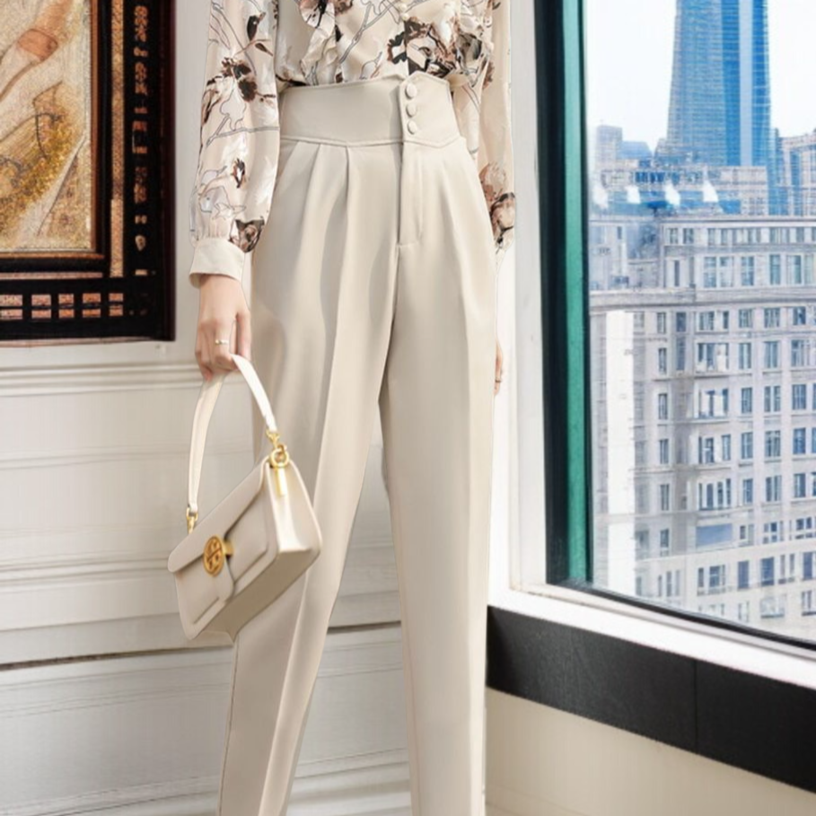 정장바지 여 슬림 배기팬츠 하이웨스트 봄 와이드 캐주얼 정장바지 9부 배기팬츠 작업복 여성