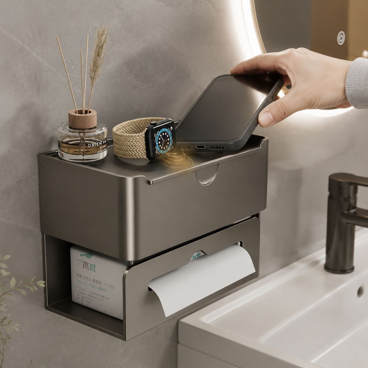 Waterproof wall-mounted tissue dispenser in modern bathroom