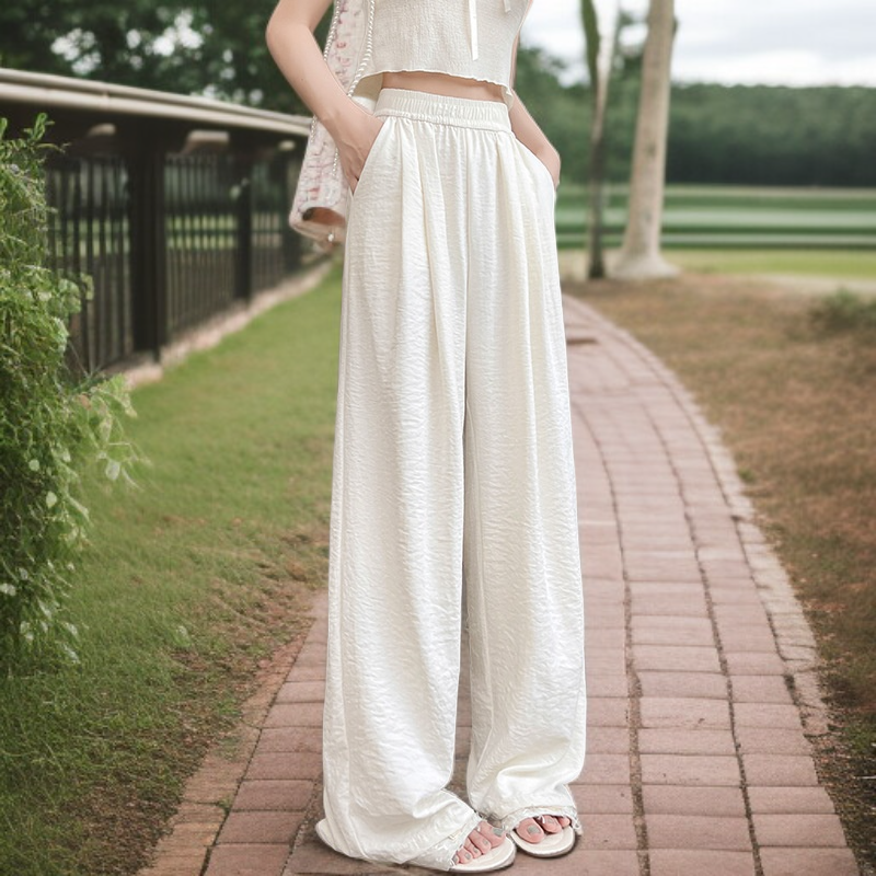 クリームムースヤマモト パンツ レディース 夏 カジュアル 多用途 ドレープ クリーム パンツ テクスチャード レイジー アイスシルク ワイドレッグパンツ