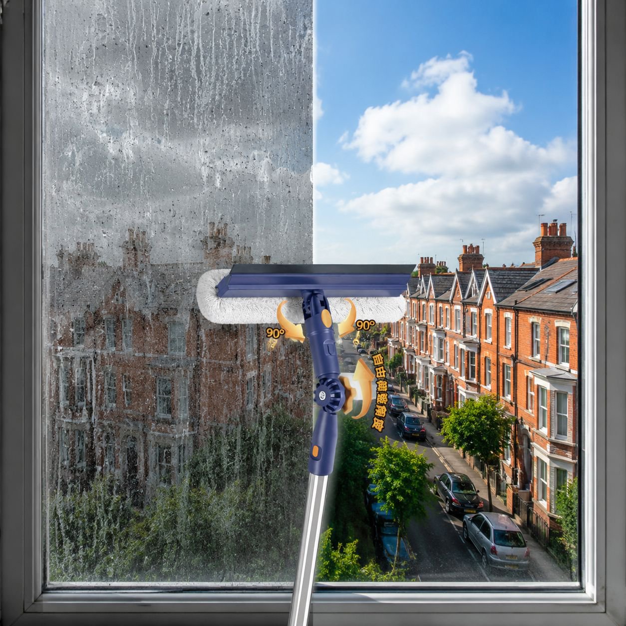 Streak-free glass cleaning with multifunctional brush