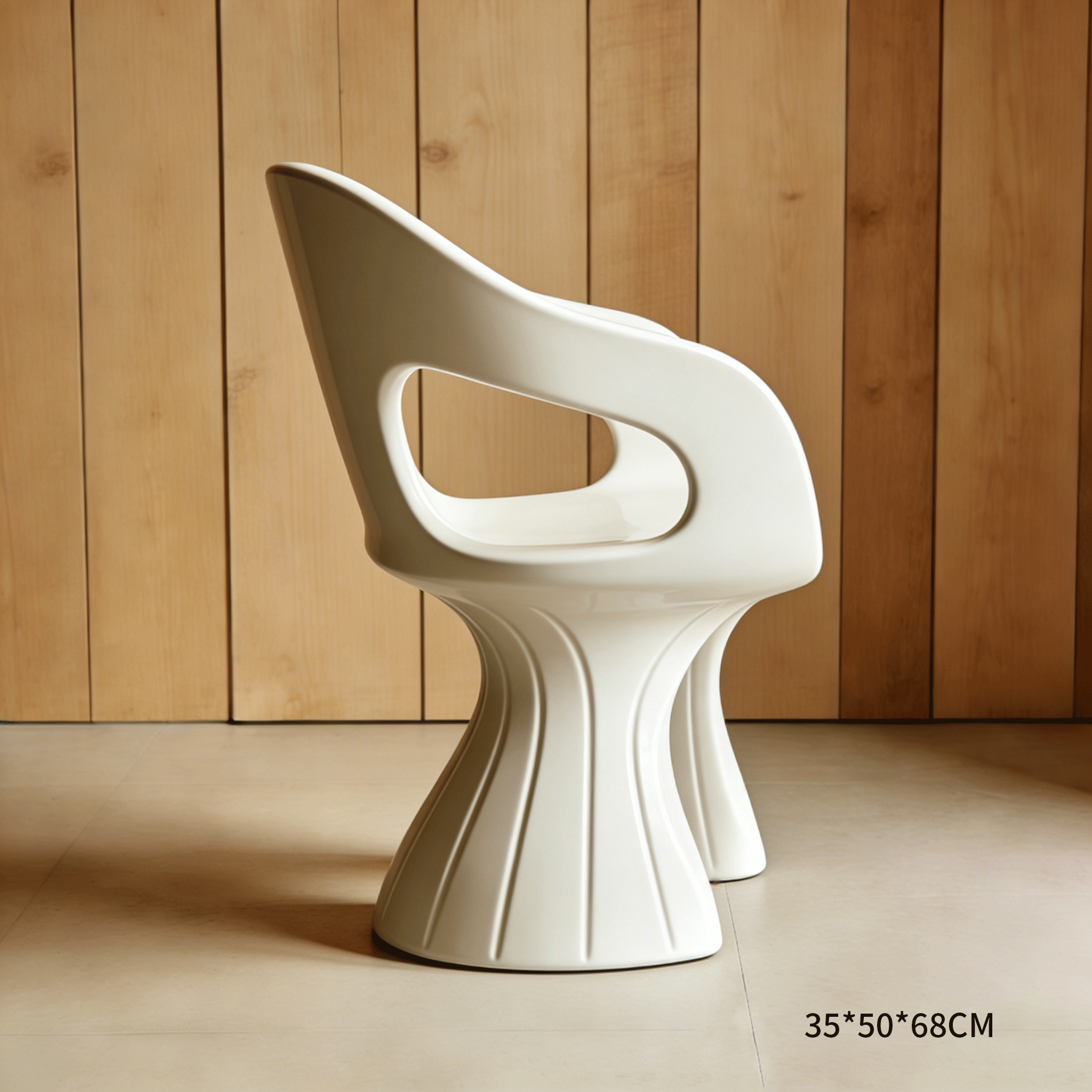 Silla blanca minimalista junto a mesa de madera