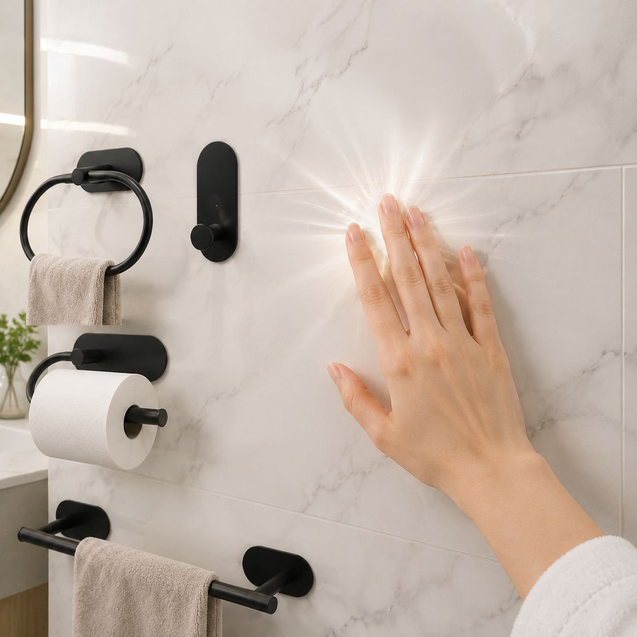 Bathroom towel storage solution with towel bar and ring