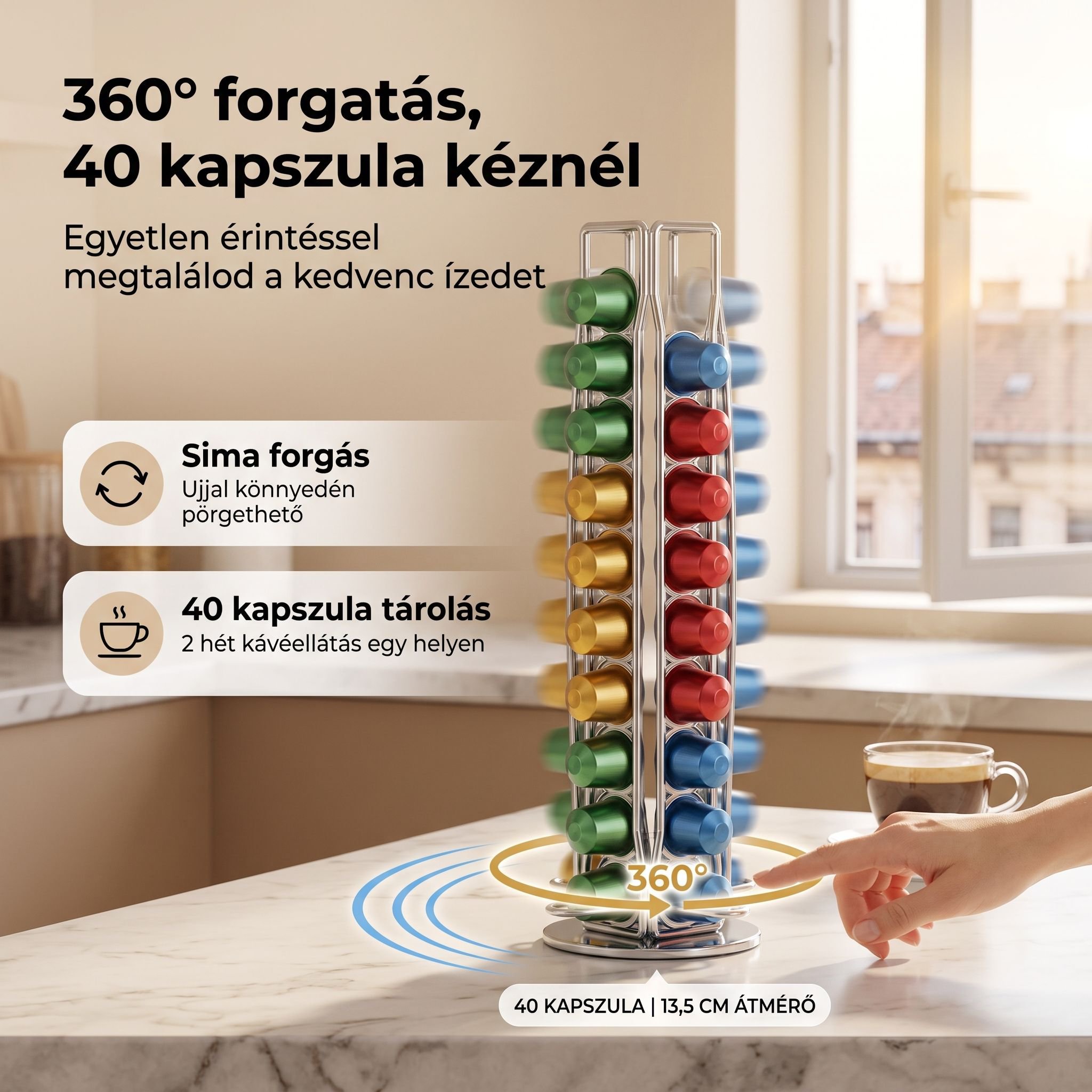Multifunkciós kávékapszula tartó, forgatható fém állvány pultokra