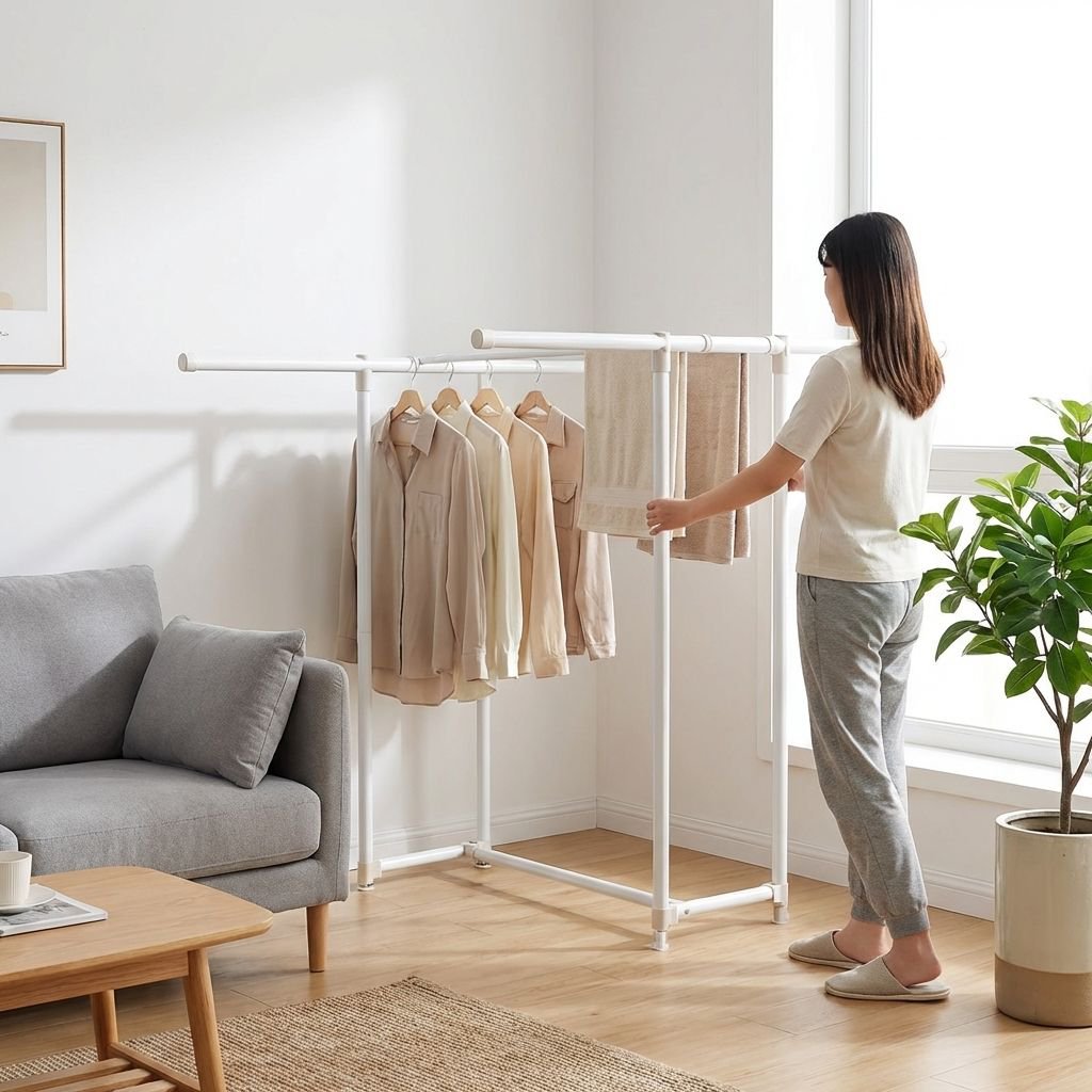 ราวแขวนเสื้อผ้าแบบตั้งพื้น พับได้และยืดได้