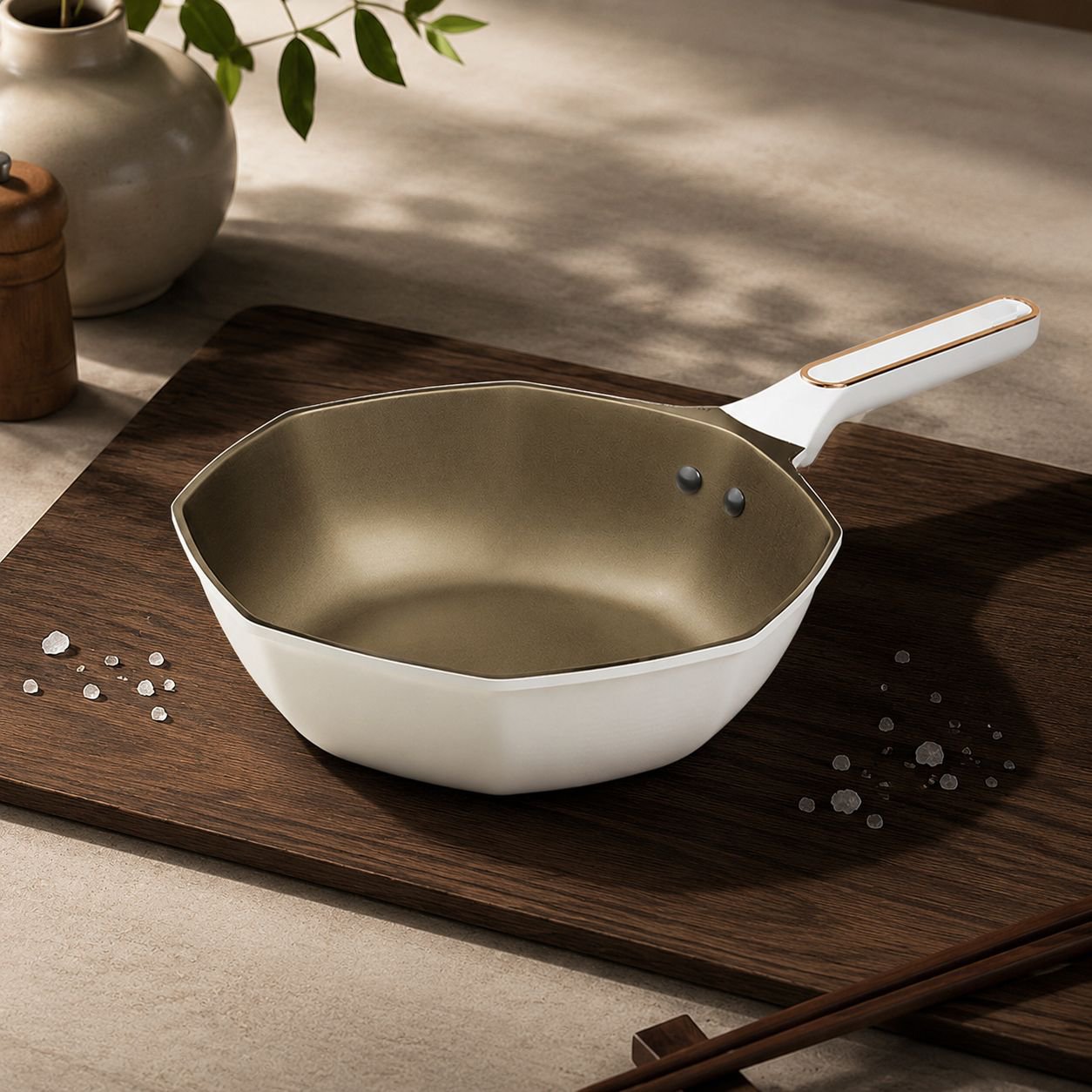 Wear-resistant spill-proof frying pan with ergonomic handle
