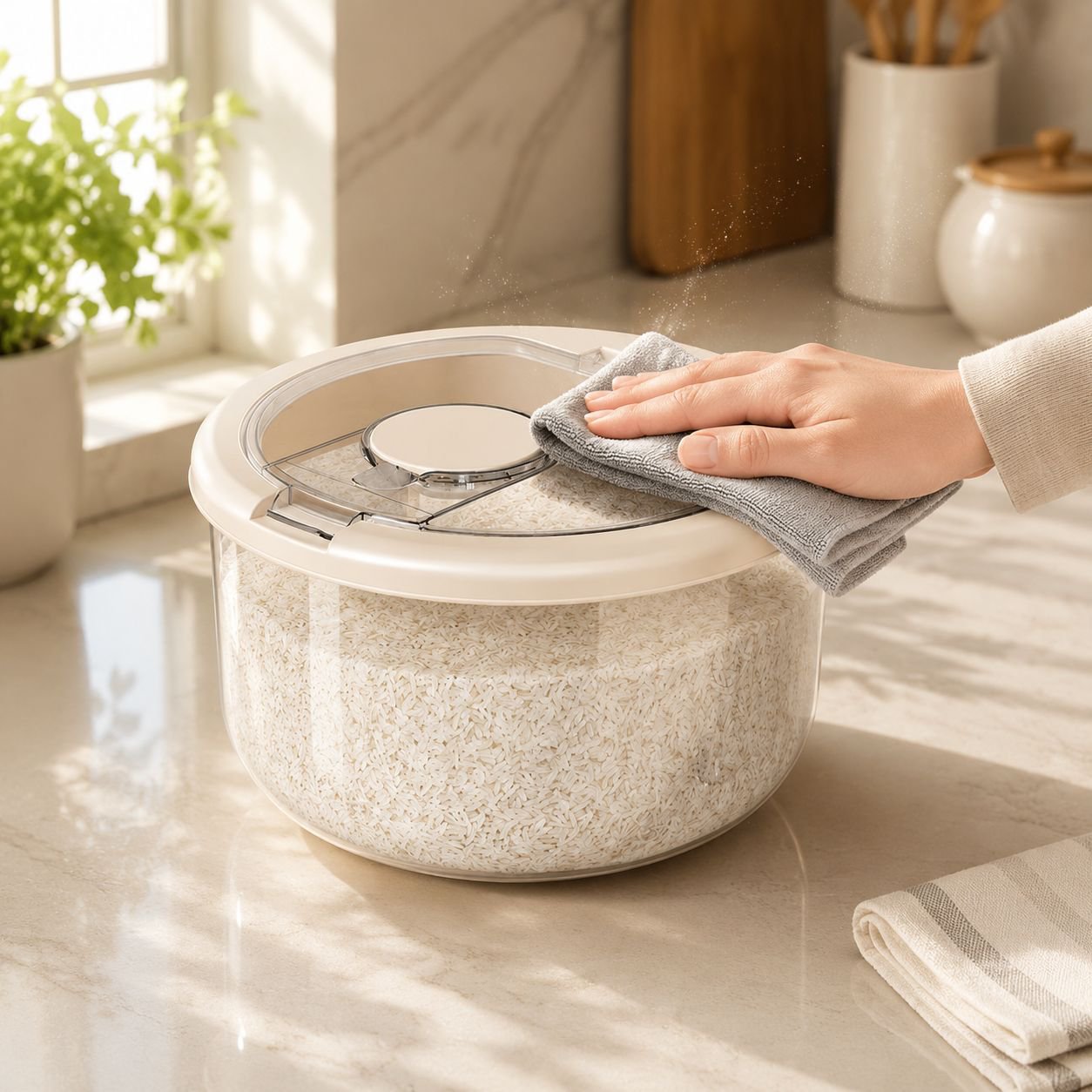 Moisture-proof flour container in a home kitchen