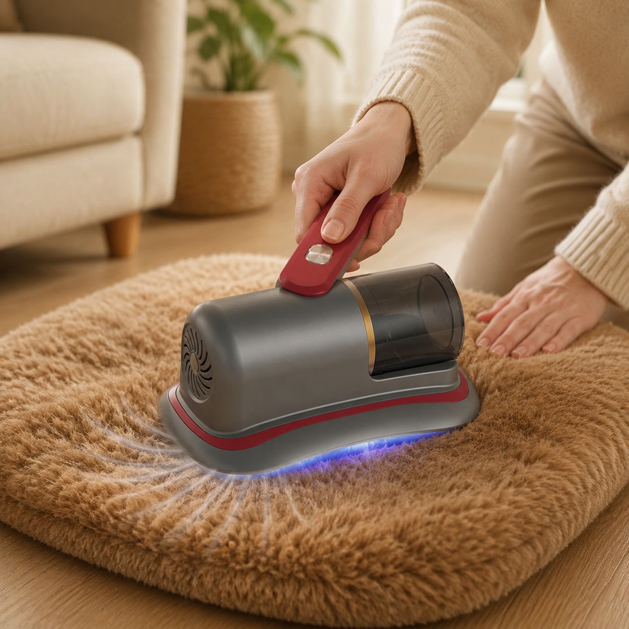 Vacuum cleaner charging on bedside table