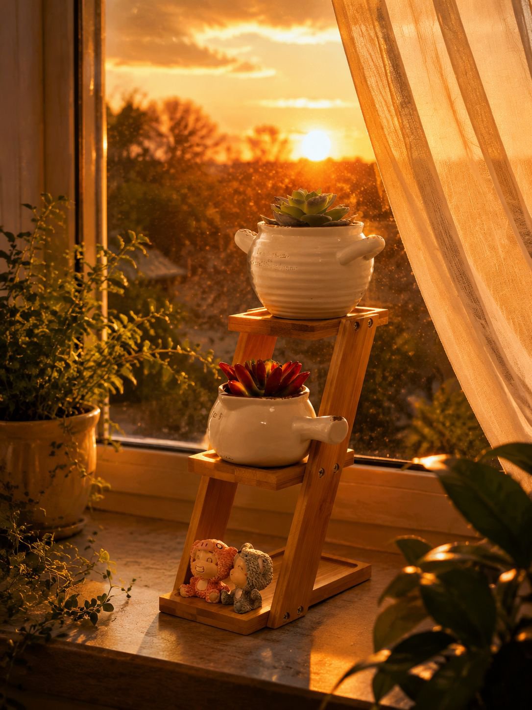 Space-saving bamboo flower rack for home office