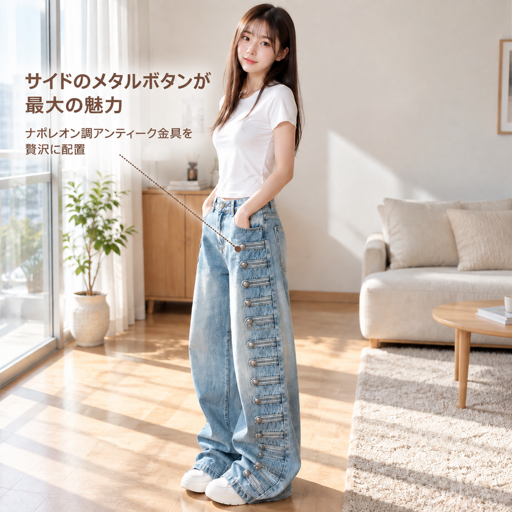 美式拿破仑宫廷风牛仔裤女新款金属扣小众设计感宽松弯刀阔腿长裤