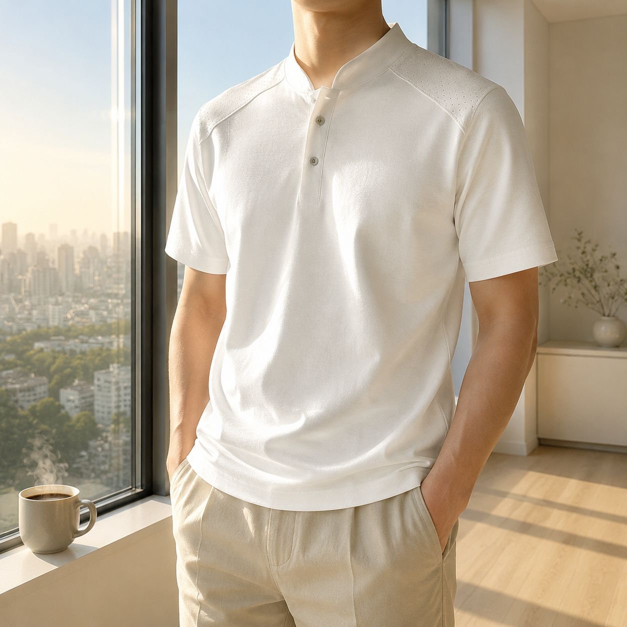 無地メンズスタンドカラー半袖Tシャツ、ファッショナブルで高品質