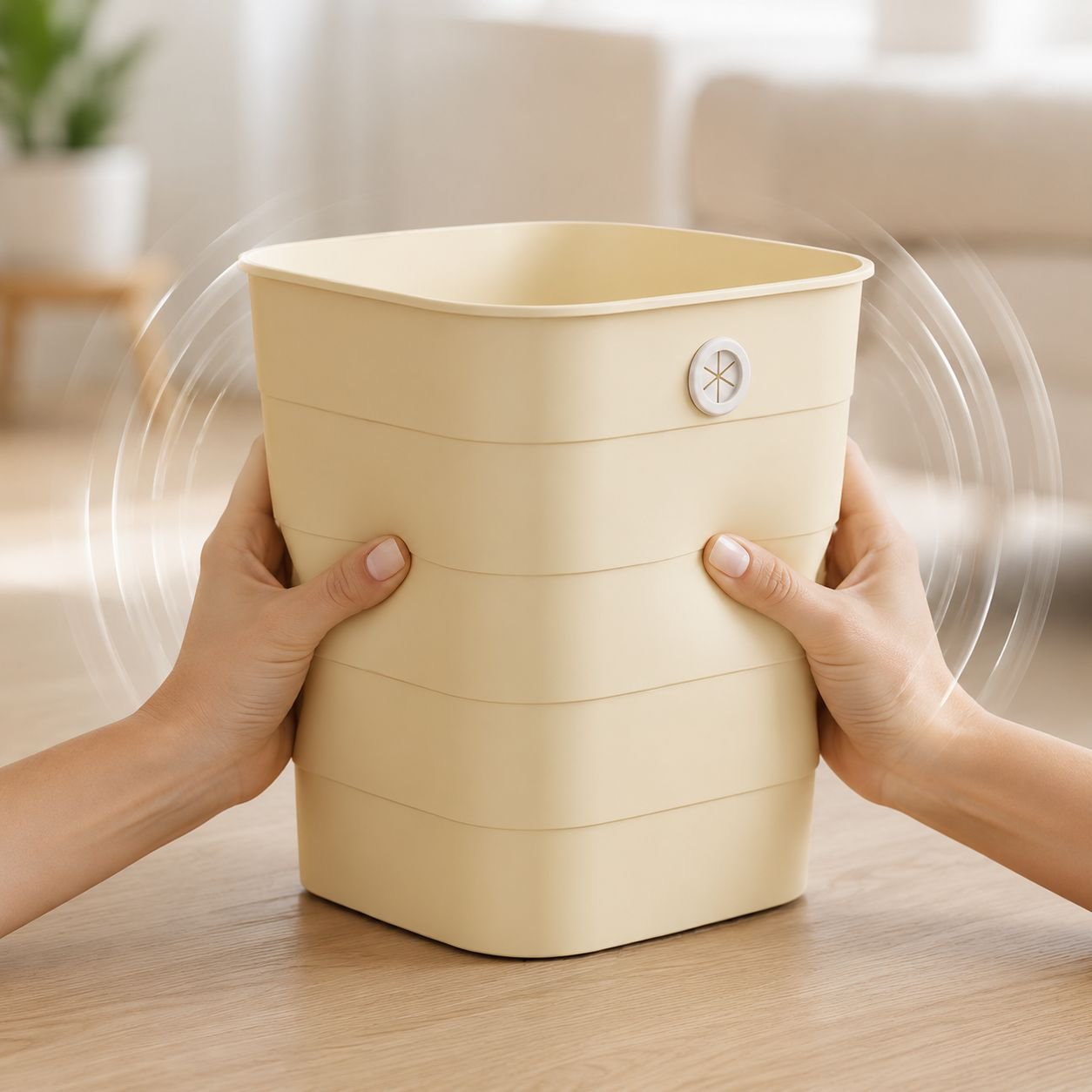 Cream style trash can blending with home decor