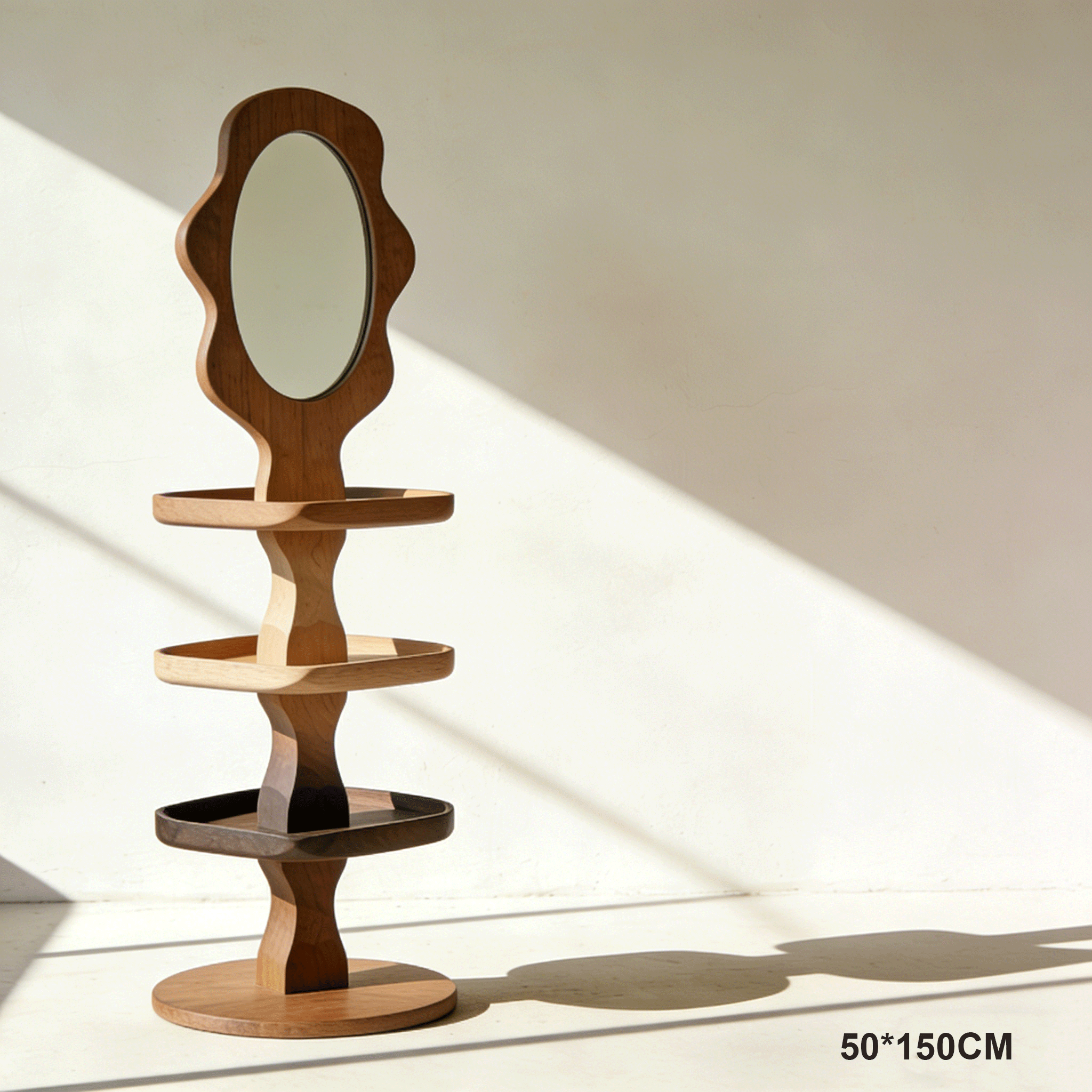 おしゃれなミラー床置き収納ラックのリビング使用例