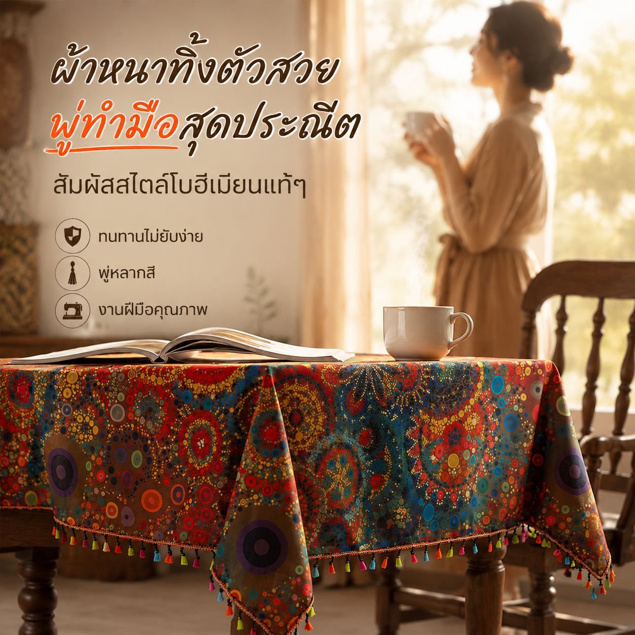 ผ้าปูโต๊ะโบฮีเมียนกันน้ำ พู่สีสันสดใส ทนต่อการใช้งาน ป้องกันฝุ่น