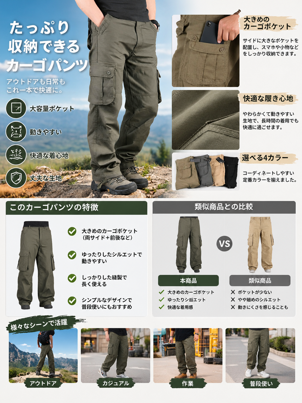 複数のポケットを備えた新しいスタイルのメンズ作業ズボン。カジュアルでゆったりとしたフィット感で、仕事に最適です。