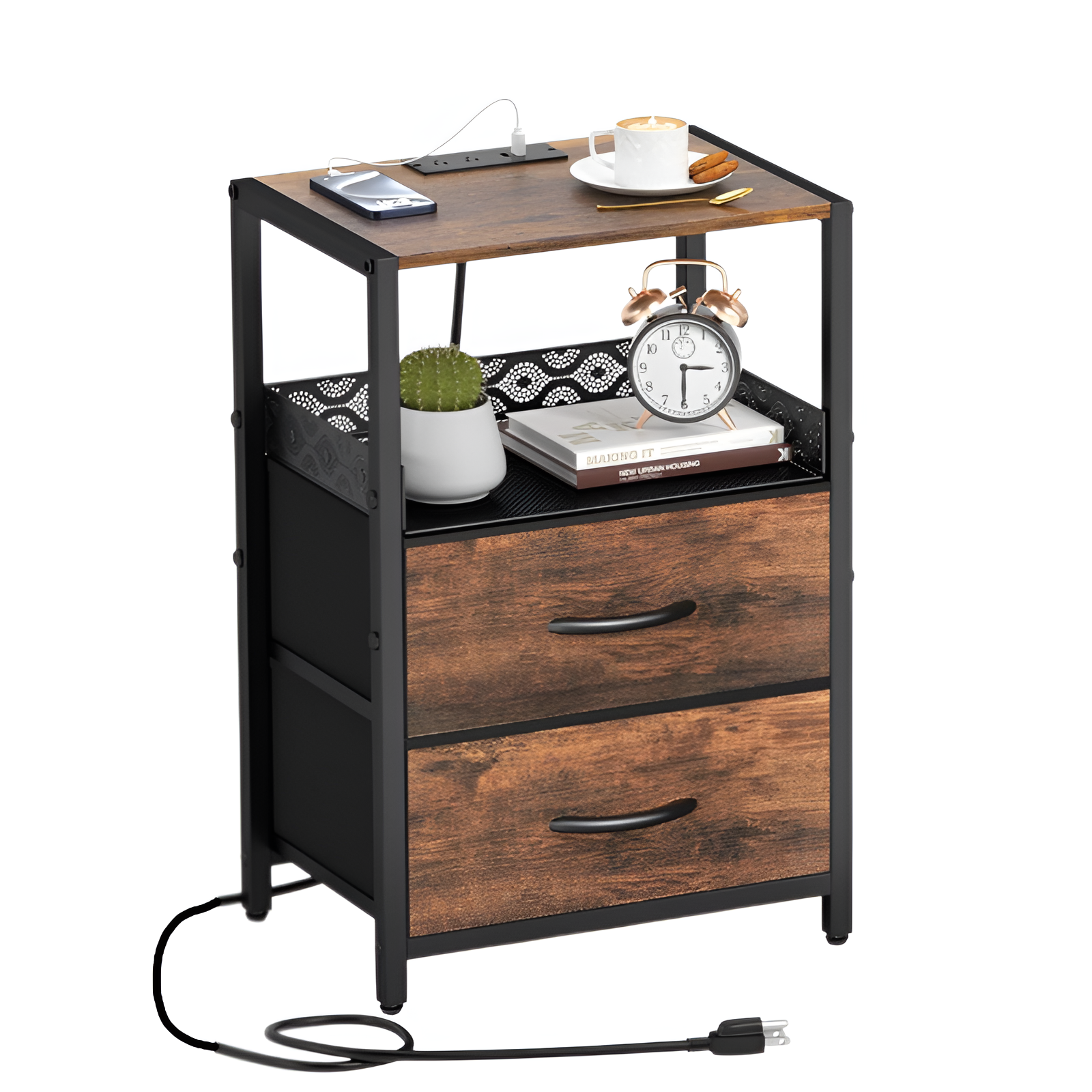 Multifunktionales 3-lagiges Stoffregal mit Steckdose und USB-Anschluss, mit Schublade