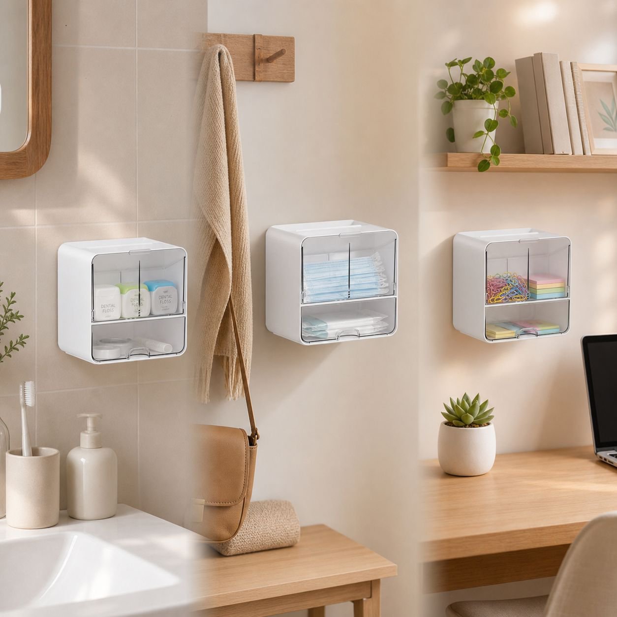 壁掛け式のバスルームミラーキャビネット収納ボックス。フェイスタオル、トイレ用綿棒、化粧品などを収納できます。