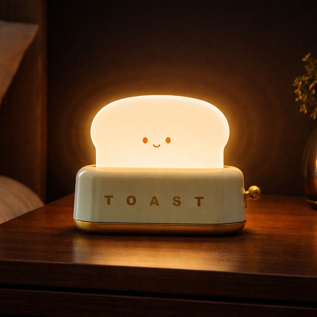 Cute toast shape night light on bedside table