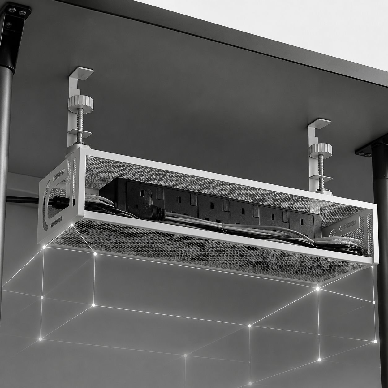 Under-desk cable management tray rack, office desk wire organizer, power strip holder