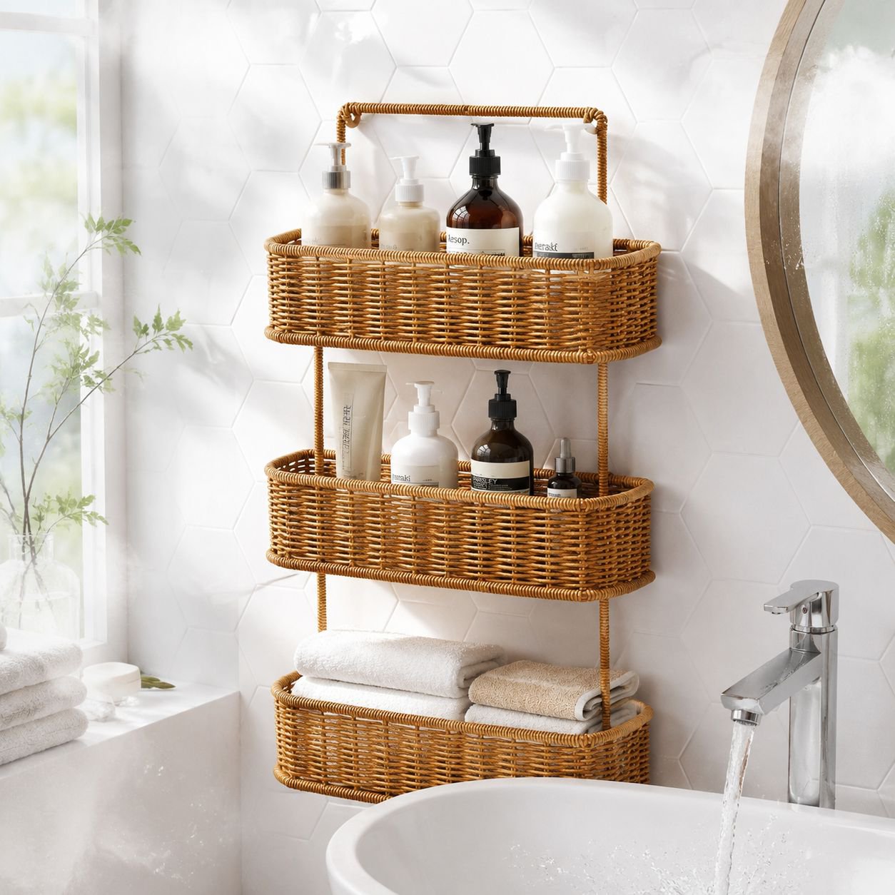 Easy install kitchen storage rack with imitation rattan finish